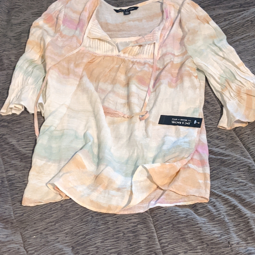 Pastel Peasant Top S Pink Blue Festival Tassel Flowy Boho Cottage Hippie Dainty